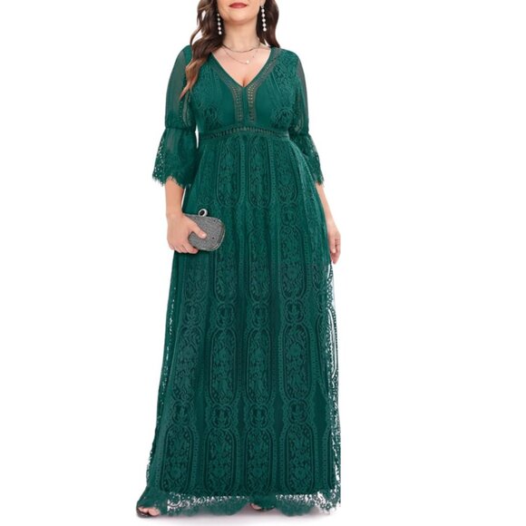 NWT Pinup Fashion Emerald Green Boho Lace V-Neck Maxi Dress 18W - Picture 2 of 14